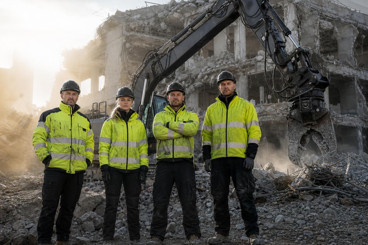 Remodex rivningsteam med maskininför ett större rivningsprojekt